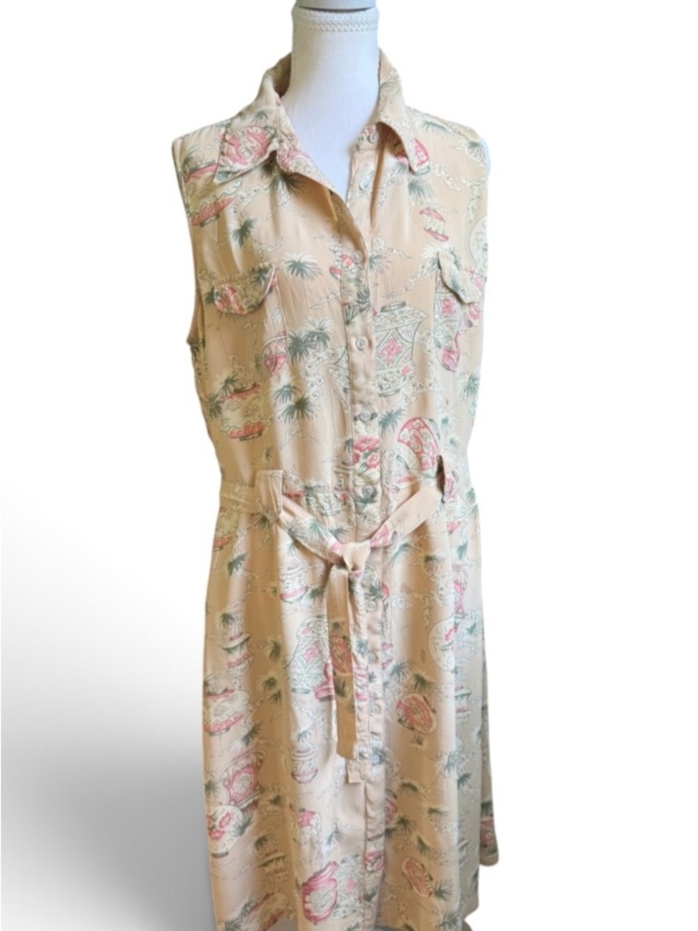 April Cornell Asian-Inspired Shirt Dress with Pink & Green Accents Large